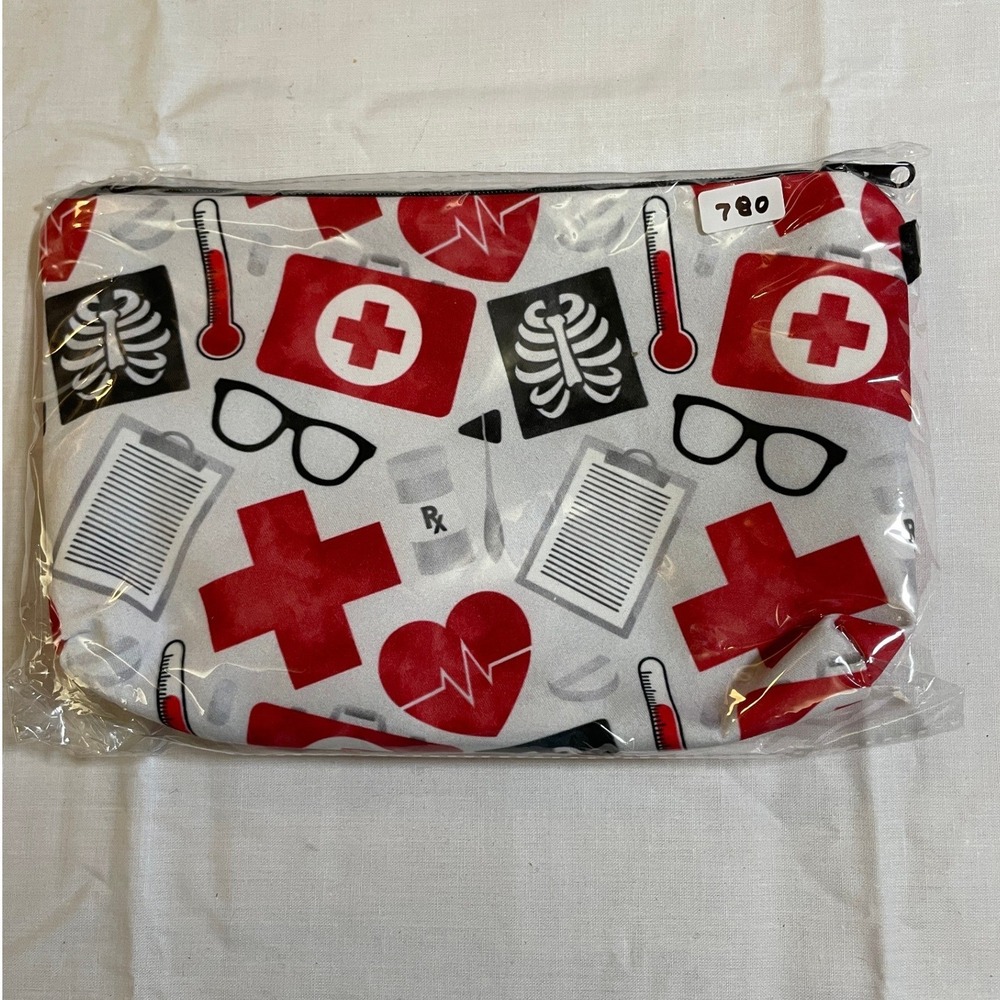 The Pouch Cosmetic Bag Red White NWT Medical Nursing Print Zipper Pouch